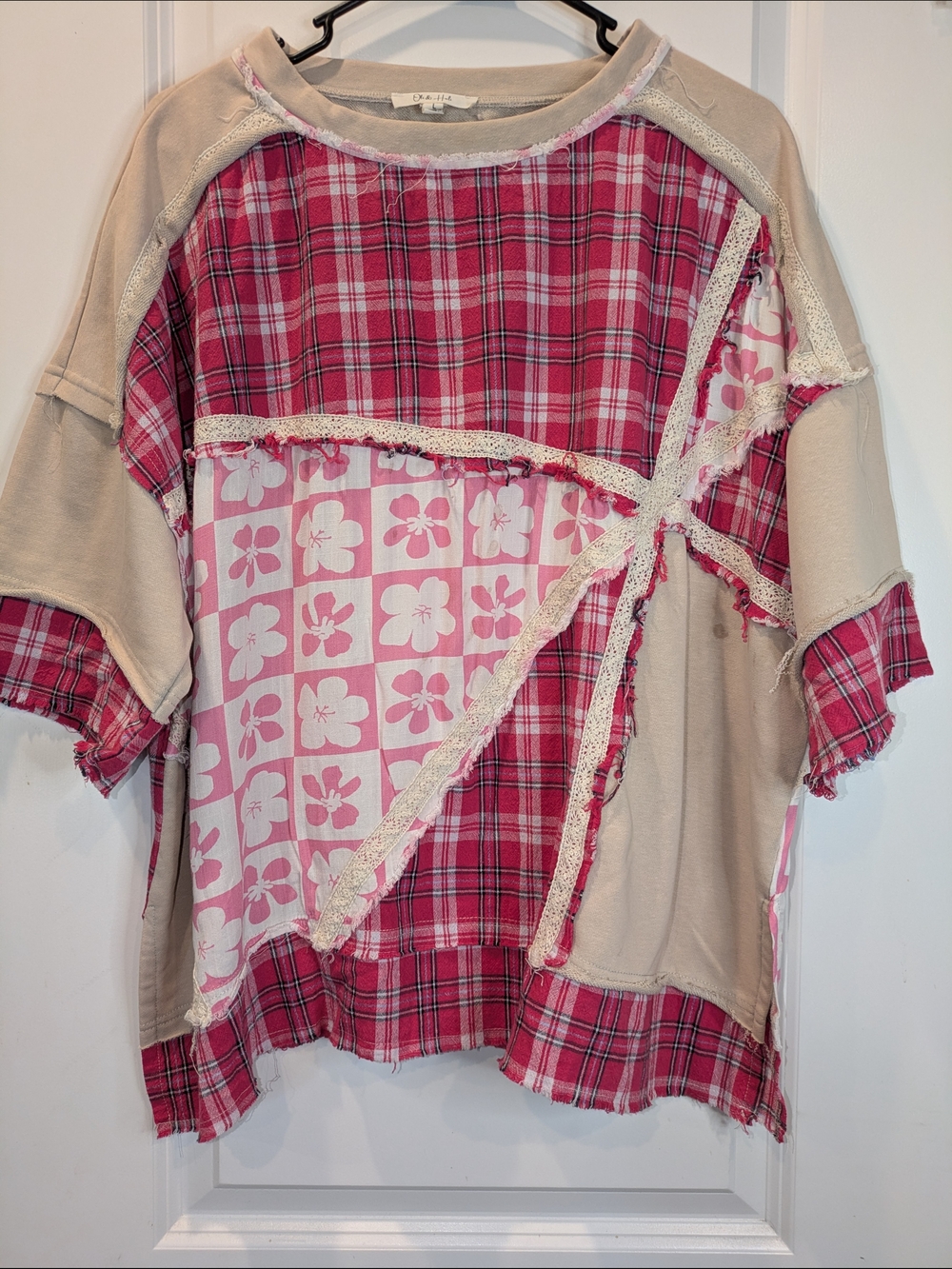 Oli & Hali Patchwork Boho Oversized Top Large Pink Plaid Floral Mixed Media